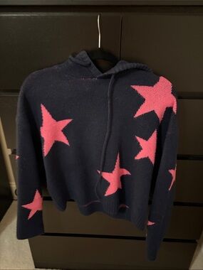 Aqua Navy Hoodie Sweater with Pink Star Motif